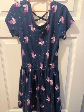 Girls Navy Unicorn Print Short Sleeve Skater Dress with Pink Accents